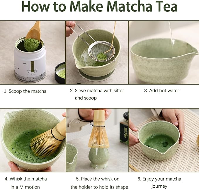 Japanese Matcha Set, Matcha Bowl with Spout and Coaster, Matcha Whisk and Holder, Sifter, Scoop, Spoon, Cleaning Brush,10 Pcs Complete Ceramic Matcha Kit - Bloomnest