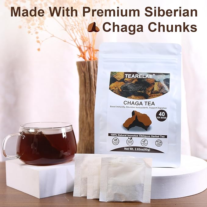 TEARELAE - Chaga Tea - 2g x 40 Count - Wild Harvest from Siberia - 100% Pure Natural Chaga Mushroom Tea Bag - Additive-Free - Non-GMO - Caffeine-free - Bloomnest