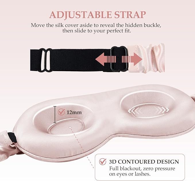 100% Mulberry Silk Sleep Mask for Unisex, 22 Momme 3D Silk Contoured Eye Mask, Breathable Light Blocking Blindfold with Adjustable Strap, Blackout Eye Cover for Travel, Pink - Bloomnest
