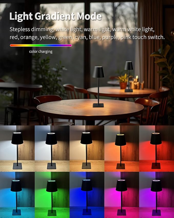 KDG 2 Pack Cordless Table Lamp, RGB Color Stepless Dimming Up, 4000mAh Battery Operated Portable LED Desk Lamp, for Dinning Room, Bedroom, Bar, Outdoor Garden, Camping, Night Light (Black) - Bloomnest