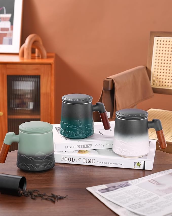 ZENS Tea Mug with Infuser and Lid for Loose Leaf Tea Steeper, 16.9oz Embossed Ceramic Tea Cup with Fine Tea Strainers, Wood Handle Large Diffusers Mugs for Tea Lovers Gifts