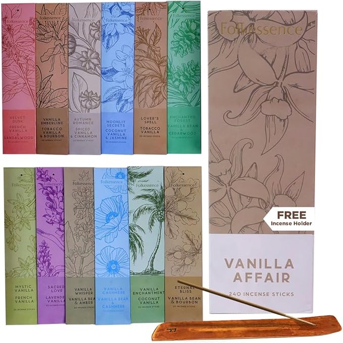 Folkulture Incense Sticks (240 Sticks) | Set of 12 Premium Incense Sticks Variety Pack Aromatherapy Gifts | No Charcoal, Organic, Non Toxic, 45 Mins, Long Burning Palo Santo, Vanilla Insence-Sticks FOLKULTURE