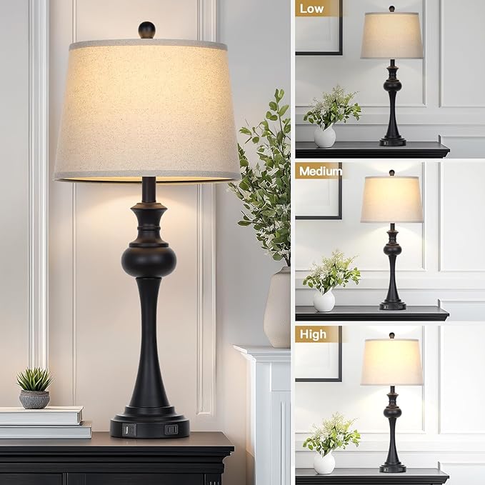 28.75" 3-Way Touch Control Modern Table Lamp Set of 2 for Living Room, Bedside Lamp with USB A+C Ports, Mid Century Black Table Lamps, Nightstand Lamps Set,Beige Fabric Shade Vintage Accent Style - Bloomnest