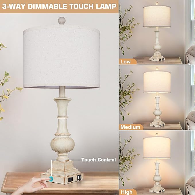 26" Farmhouse Table Lamps, Table Lamps For Living Room Set of 2 with USB A+C Ports & AC Outlet, Vintage Rustic Touch Control 3-Way Dimmable Boho Nightstand Lamp White Washed Resin for Bedroom Deocr - Bloomnest