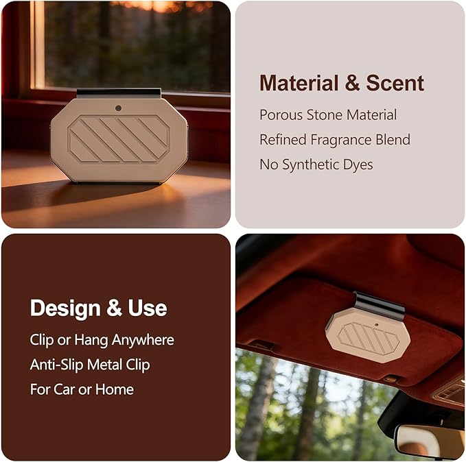 Car Air Freshener, 2-in-1 Stone Car Freshener with Visor Clip & Hanging Scent Diffuser, Natural Scent Stone Diffuser, Long-Lasting Odor Eliminator for Car or Home, Textured Amber - Bloomnest