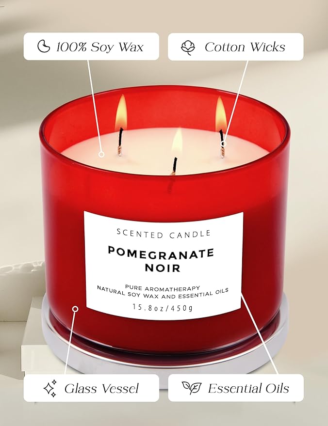 Pomegranate Noir Vanilla 3 Wick Candle | Highly Scented Natural Soy Candle 15.8 oz | Aromatherapy Stress Relief Candle Long Lasting & Clean Burn | Luxury Relaxing Gift for Home, Women & Men - Bloomnest