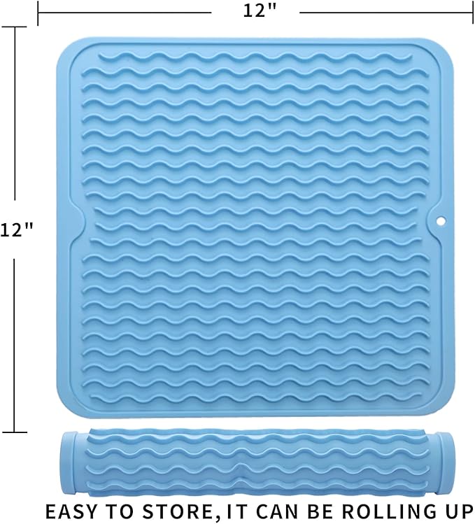 Silicone Dish Drying Mat for Multiple Usage,Easy clean,Eco-friendly,Heat-resistant Silicone Mat for Kitchen Counter or Sink,Refrigerator or Drawer liner Light Blue M 12 inches x 12 inches - Bloomnest