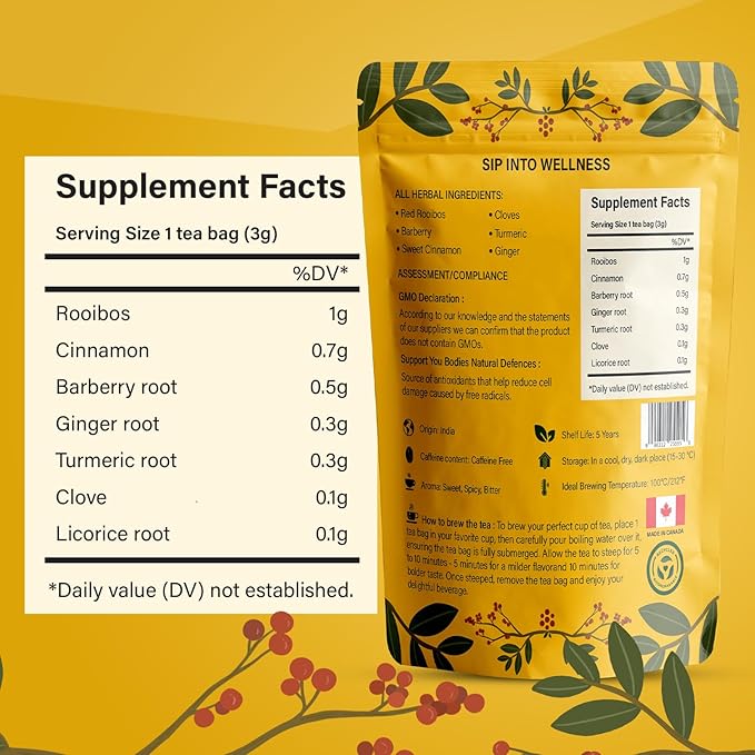 Berberine Tea 45g Natural Organic Caffeine-Free Blend Non-GMO Herbal in Plastic-Free Stand Alone Pouch Delicious Antioxidant for Immune Support - Bloomnest