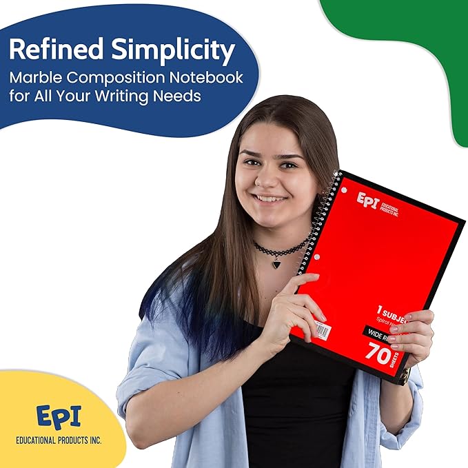 EPI Spiral Notebook | Wide - 70 Sheets, Durable Spiral Binding | 10.5 x 8 in | Classroom Supplies | School, Office, Note Taking, Journaling - 12 Pack - Bloomnest