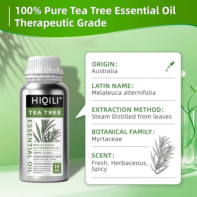 HIQILI Tea Tree Oil 16 Fl Oz, for Skin, Hair, Nail, Diffuser, Soap Making, Includes Two Portable Decanters - Bloomnest
