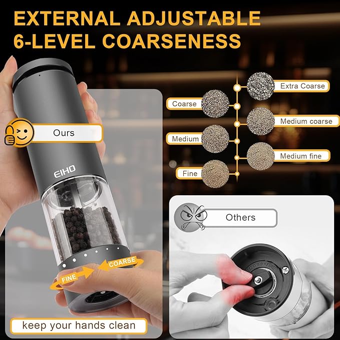 Electric Salt and Pepper Grinder Set Rechargeable, External Adjustable Coarseness, Automatic Salt & Pepper Shakers Mills, Kitchen Gadgets,Stocking Stuffers Christmas Cooking Gifts for Adults Men Women - Bloomnest