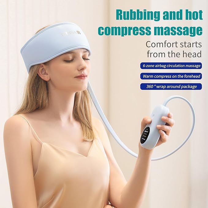 Head Massager,Scalp Massager,Relief Headaches,Fatigue,Stress,Sleep aid,Hangover with Airbag Kneading,Constant Temperature Hot Compress for Head (Sky Blue) TLINNA