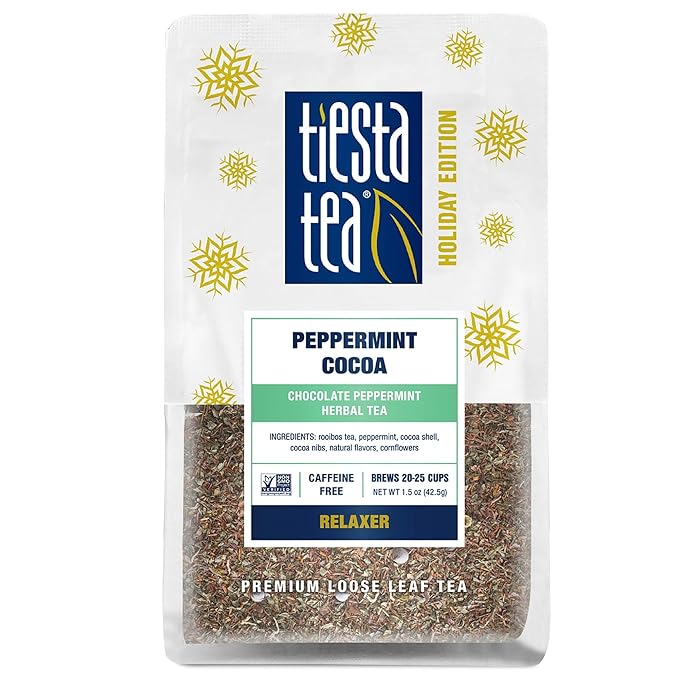 Tiesta Tea Cozy Peppermint Cocoa, Premium Loose Leaf Blends, Chocolate Peppermint Herbal Tea, Caffeine-Free, Holiday Blend, Holiday Edition, Hot or Iced Brew, Up to 25 Cups, 1.5oz Resealable Pouch - Bloomnest