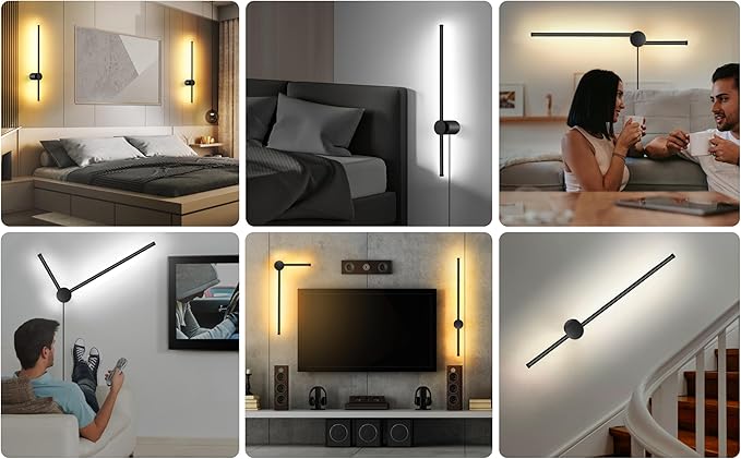 Wall Sconces Set of Two with Remote, Stepless Colors 3000K-6500K & Stepless Dimming, Hardwire or Plug-in, 180° Rotate, LED Black Plug in Wall Sconces with Timer & Night Light, 23.6 Inches - Bloomnest