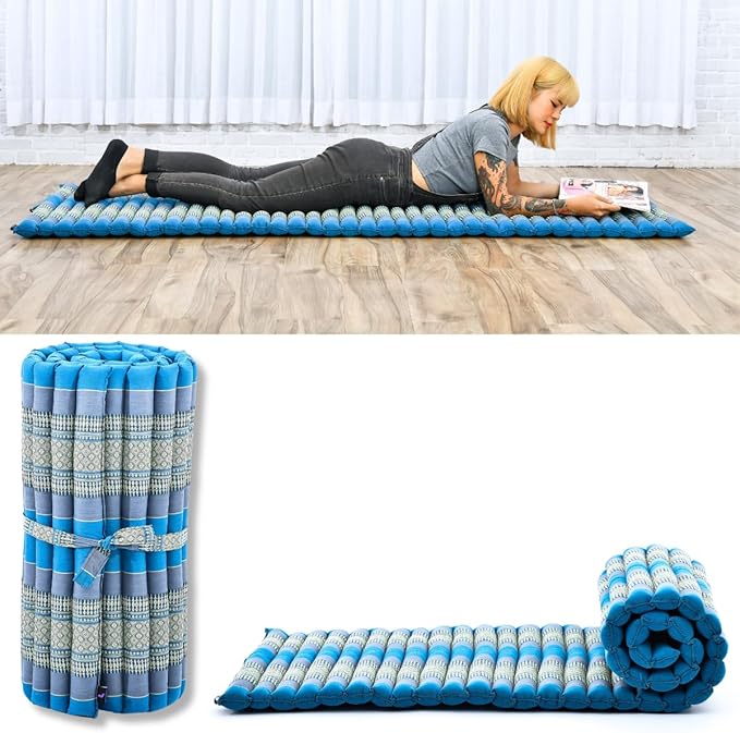 Leewadee - Foldable Floor Mattress - Japanese Roll Up Futon -Trifold Tatami Mat- Guest Floor Bed - Camping Mattress - Thai Massage Mat, Kapok Filled, 75 x 28 inches, Light Blue - Bloomnest