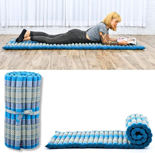 Leewadee - Foldable Floor Mattress - Japanese Roll Up Futon -Trifold Tatami Mat- Guest Floor Bed - Camping Mattress - Thai Massage Mat, Kapok Filled, 75 x 28 inches, Light Blue - Bloomnest