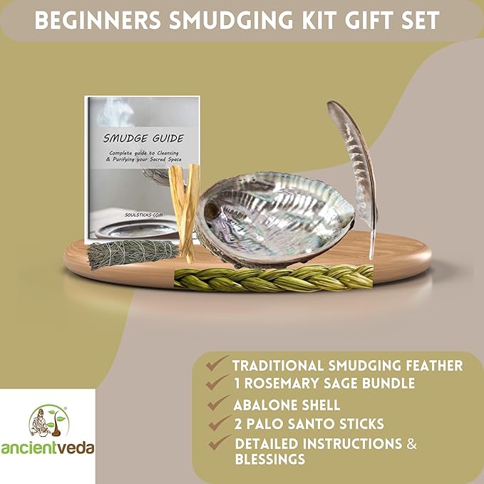 Ancient VEDA Organic Smudge Kit – Rosemary, Palo Santo, Sweetgrass, Abalone Shell, Feather & Smudge Guide | Smudging Kit for Home Energy Cleansing, Meditation, Healing (Healer's Kit, Rosemary Sage) AncientVeda
