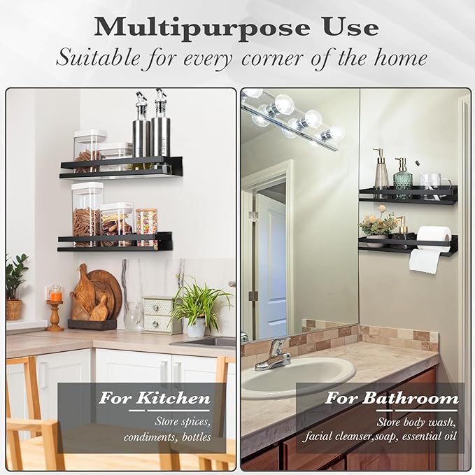 Lallisa 2 Pieces Stainless Steel Shelf Bathroom Shower Floating Shelves Wall Mounted Shower Caddy Basket Shelf Storage Organizer Shelves for Bathroom, Kitchen, Living Room (Black,11.81 Inch/ 30 cm) - Bloomnest