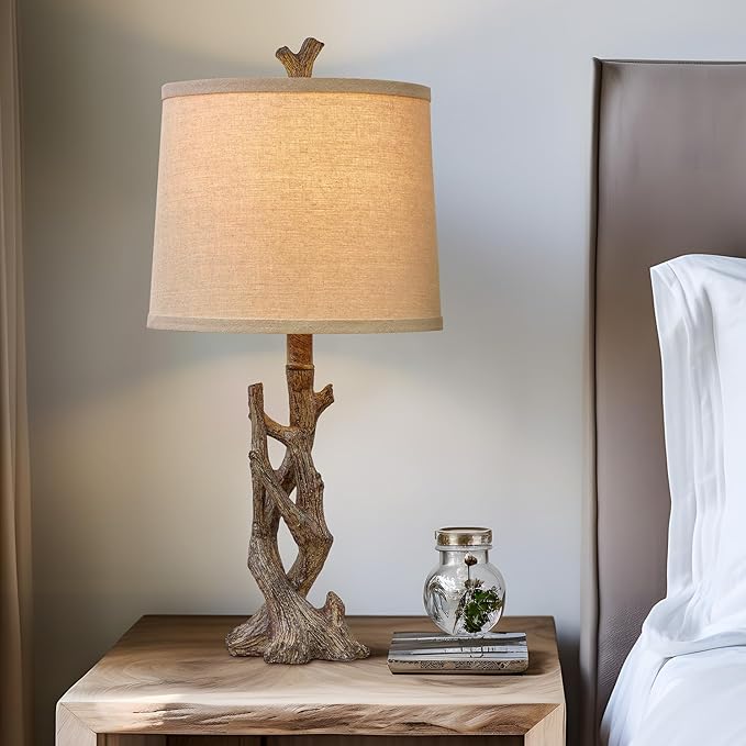 OYEARS 23" Rustic Farmhouse Table Lamp Country Cottage Lamps for Nightstand Tree Trunk Wood Grain Lamp for Bedroom Living Room with Oatmeal Fabric Round Shade Resin Bedside Lamp - Bloomnest