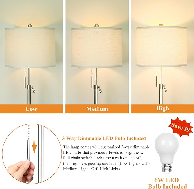 Brushed Nickel Floor Lamp for Living Room, Adjustable Height Standing Lamp with Metal Base, 3-Way Dimmable Tall Pole Light with White Linen Shade for Bedroom, Pull Chain Switch, 6W LED Bulb Included - Bloomnest