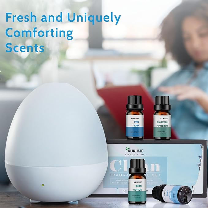 Essential Oils Set, Clean Scents Fragrance Oil Essential Oils for Diffuser Aromatherapy - Fresh Linen, Extra Clean, Warm Cotton, Soft Powder, Pure Soap, Eucalyptus Peppermint, 6x10ml - Bloomnest