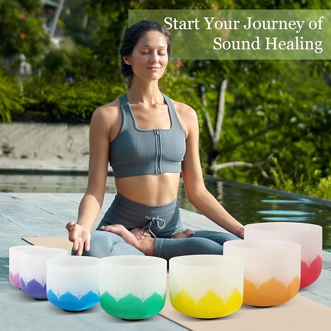 432HZ 6-12 Inch 7 Pcs Lotus Frosted Crystal Singing Bowl Set for Meditation Healing Yoga Chakra Quartz Crystal Sound Bowls with Heavy Duty Carry Cases and Rubber Mallet,Suede Striker,O-rings - Bloomnest