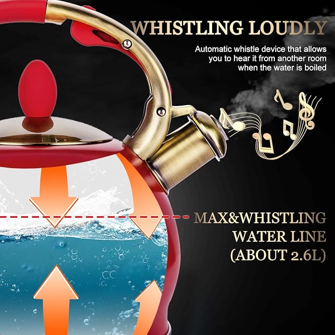 SUSTEAS Stove Top Whistling Tea Kettle - Food Grade Stainless Steel Teakettle Teapot with Cool Touch Ergonomic Handle, With 1 Silicone Pinch Mitt Included, 2.64 Quart(RED) - Bloomnest
