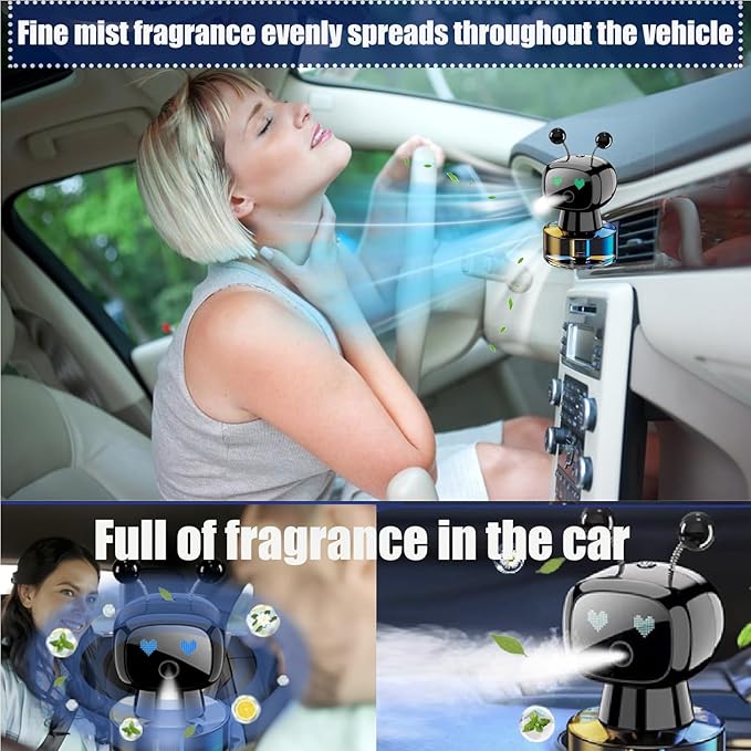 Robot Intelligent Aromatherapy Machine, Smart Cute Robot Car Air Freshener - Fine Spray/Fillable/Four-Gear Adjustment/Vibration Sensing/On-Off/Large Capacity Long-Lasting Fragrance/Black-V2(Cologne) - Bloomnest