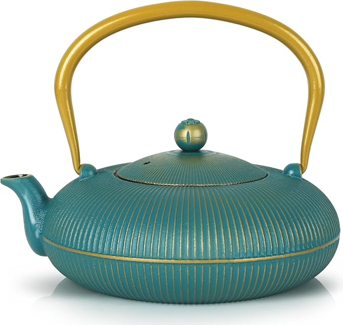Green Cast Iron Teapot Large Capacity 40oz/1200ml with Infuser for Loose Leaf Stovetop Safe Vertical Stripe Flat Tea Kettle, Enameled Interior - Bloomnest