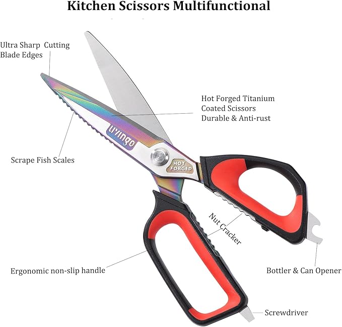 LIVINGO Heavy Duty Kitchen Shears - Titanium Coated Hot Forged Sharp Multipurpose Stainless Steel Utility Shears for Household Culinary Food Cutting Chicken Meat Cooking, Dishwasher Safe, 9.5 Inch - Bloomnest