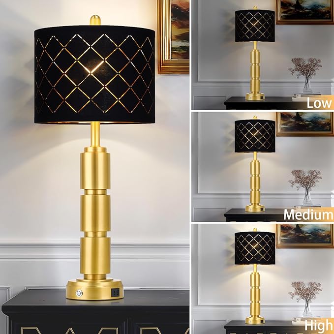 Set of 2 Modern Table Lamps for Living Room Bedroom,29" Tall Bedside Lamp with 2 USB Port,Gold Metal Touch Nightstand Lamp with Black Grid Shade for End Table Entryway,Gold - Bloomnest