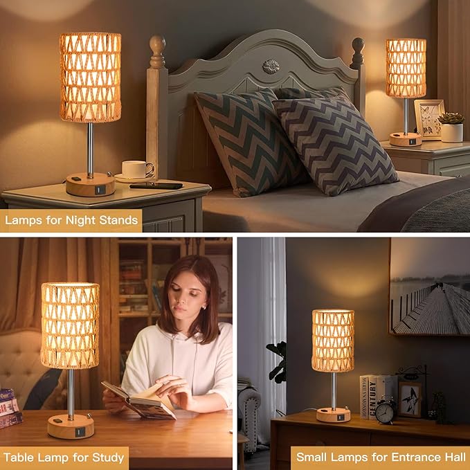 Rattan Table Lamps for Living Room, 3 Way Dimmable Touch Lamps, Small Bedside Lamps with LED Bulbs, Phone Stand, USB Ports and AC Outlet, Boho Nightstand Lamp for Bedroom Office (2 Pack Faux Wood) - Bloomnest