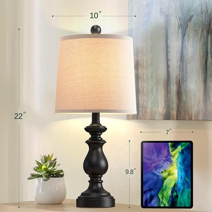 PARTPHONER Traditional Table Lamp Set of 2, Rustic Farmhouse Table Lamps for Living Room Bedroom, 22" Bedside Desk Lamps Vintage Nightstand Lamps with Linen Shades, Black - Bloomnest