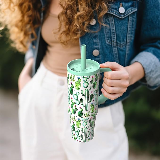 TILUCK 30 oz Tumbler with Handle, Vacuum Insulated Stainless Steel Travel Mug with 100% Leak-Proof Silicone Straw Lid, Cupholder Friendly Water Bottle(Cactus, 30oz)