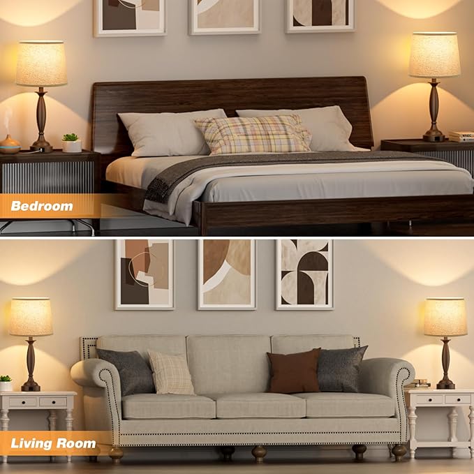 Beige Brown Lamps for Bedrooms Set of 2 - Touch Control Bedside Lamp with USB C+A, 3 Way Dimmable Nightstand Lamps with USB Port, Table Lamp for Living Room(Beige Shade and Brown Base) - Bloomnest