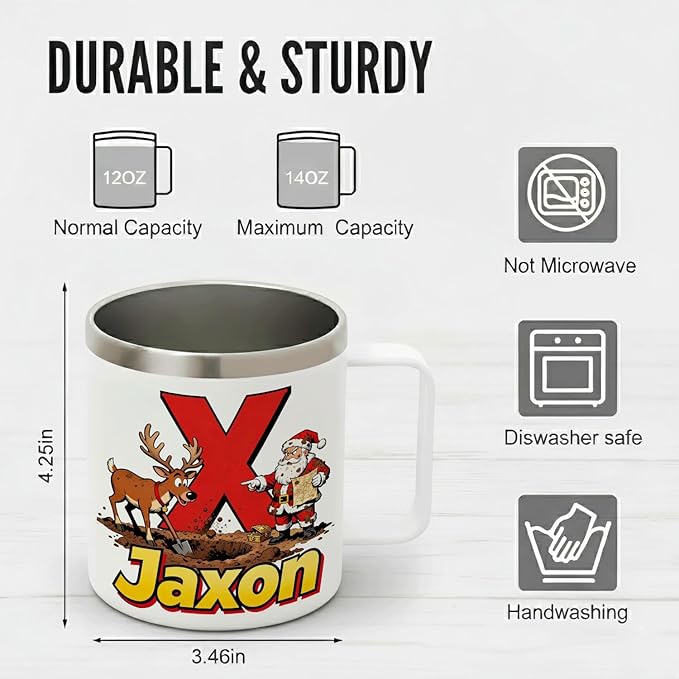 JugJug Personalized Christmas Mug with Initial & Name - Funny Treasure Hunt Santa 12oz Insulated Coffee Cup with Lid - Xmas Gifts for Boys, Kids (B155) - Bloomnest