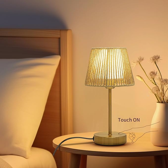 ONEWISH Touch Bedside Table Lamps Set of 2, 14.2" Boho Lamp 3 Way Dimmable, Rope lamp for Bedroom Nightstand Farmhouse, LED Bulb Included(Gold) - Bloomnest