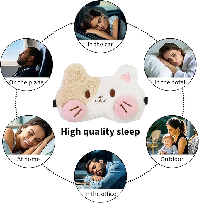 Cute Sleep Eye Masks for Kids, Kawaii Cartoon Kids Sleeping Mask for Women Boys Girls Teens, Soft Plush Adjustable Eyeshade Silk Travel Nap Eye Cover (White+Pink) - Bloomnest