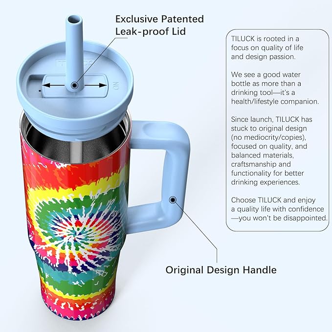 TILUCK 30 oz Tumbler with Handle, Vacuum Insulated Stainless Steel Travel Mug with 100% Leak-Proof Silicone Straw Lid, Cupholder Friendly Water Bottle(RotatingRainbow, 30oz)