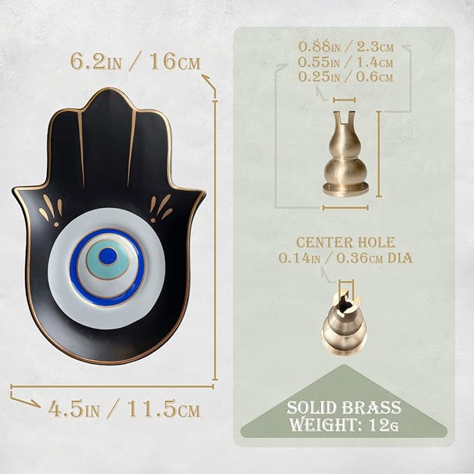 Ceramic Hamsa Hand Incense Holder - 2 in 1 Brass Incense Holder for Sticks and Coil Incense- Zen Decor with Hand of Fatima Design Protection from Evil - 6.2" L X 4.5" W (Blackeye) - Bloomnest