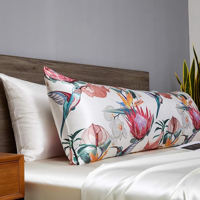 MR&HM Satin Body Pillow Cover, Soft and Breathable Body Pillow Case with Envelope Closure, Cooling and Silky Long Pillowcase for Hair and Skin,Grey (20x54, Floral Bird) - Bloomnest