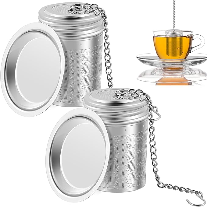 2PCS Tea Infuser Strainers with Drip Tray 304 Stainless Steel Tea Filter Strainer with Chain Hook Fine Mesh Tea Infuser Steeper Reusable Tea Strainers Easy to Use for Loose Tea Mulling Spices