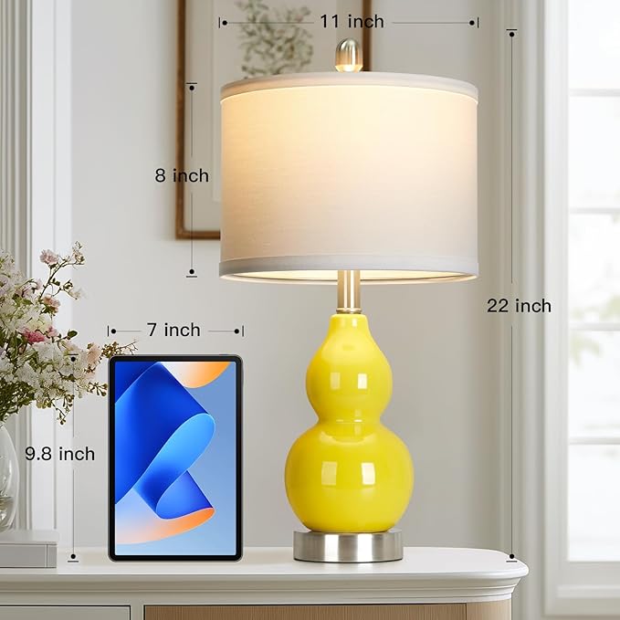 Double Gourd Ceramic Table Lamps Set of 2, Modern Yellow Bedside Lamps for Night Stand, Contemporary Nightstand Lamps for Bedroom Living Room (Bulb Included) - Bloomnest