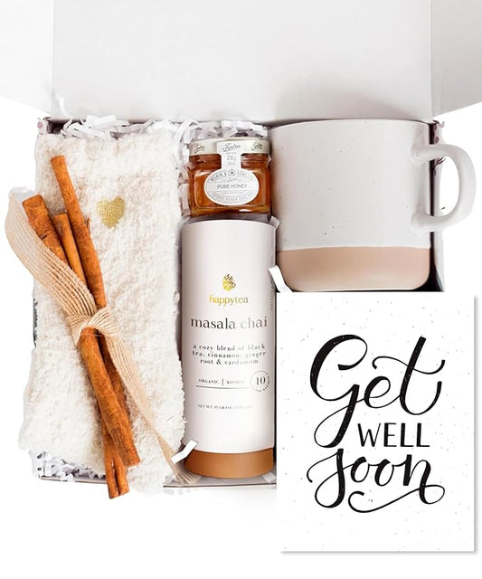 Unboxme Get Well Soon Comforting Gift Basket for Women - Soothing Self Care Box with Fluffy Socks, Ceramic Mug, Chai Tea, Honey & Cinnamon for Mom, Sister, Friends and Coworkers - Bloomnest
