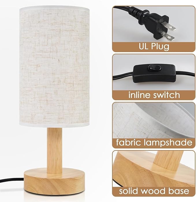 Small Bedside Table Lamps for Bedroom Set of 2,Natural Round Wood Base&Fabric Linen Shade,Cozy Night Light for Study Reading,Minimalist Boho Desk Lamp for Nightstand,Living Room,Nursery,Kitchen,Dorm - Bloomnest