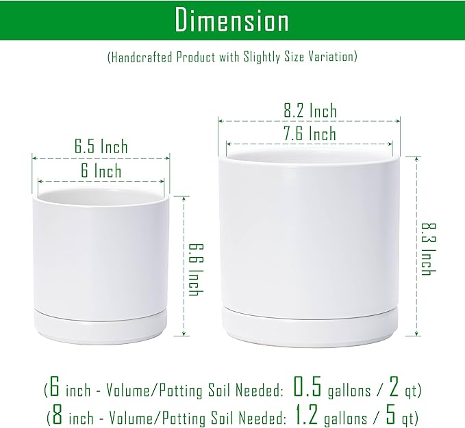 D'vine Dev 6.5 Inch & 8.2 Inch Ceramic Planter Pots for Plants with Drainage Hole and Saucer, Medium Plant Pots Set, White, 94-G-M-1 - Bloomnest