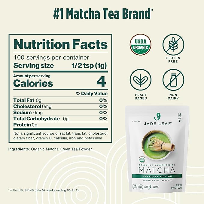Jade Leaf Matcha Organic Premium Ceremonial Grade Matcha Green Tea Powder - Japanese - Culinary, Ingredient, Ceremonial Barista Teahouse, Latte, Collagen, 3.53 Ounce (Pack of 1), Ceremonial Teahouse Tin - Bloomnest