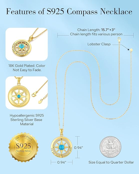 S925 Necklace Gift for Wife |Compass Jewelry |Women Anniversary |Sterling Silver |Girlfriend Birthday Gifts for Her Valentines |I'd be Lost without You |Jewel 18K Gold - Bloomnest