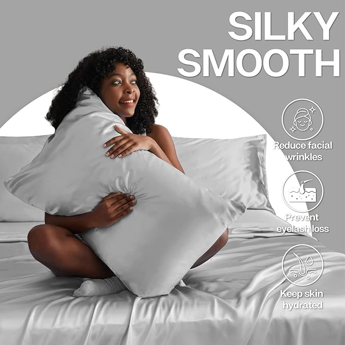 MR&HM Satin Pillowcase for Hair and Skin, Silk Satin Pillowcase 2 Pack, Queen Size Pillow Cases Set of 2, Silky Pillow Cover with Envelope Closure (20x30, Silver Grey) - Bloomnest