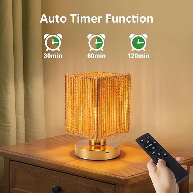 Rattan Table Lamp, 6000mah Battery Operated Table Lamp, Boho Small Desk Lamp, 3 Brightness Dimming for Bedroom Living Room Kids Room Touch Switch, Bulb Included - Bloomnest